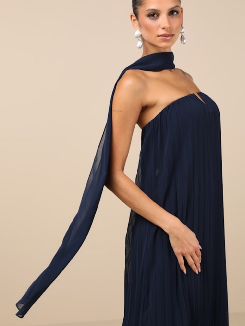 Lulus Lael Navy Pleated Strapless Dress And Scarf Set Blue - Size S